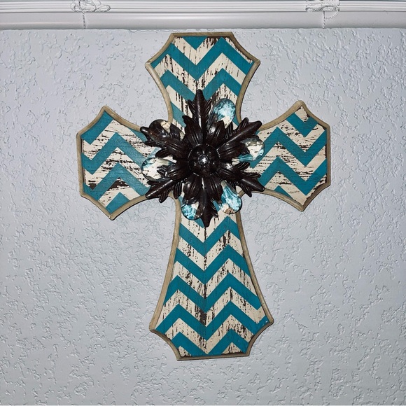 Turquoise and off white chevron painted cross with metal and rhinestone accents - Picture 2 of 4